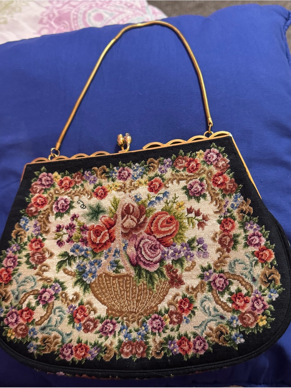 Vintage Needlepoint Floral  Purse Chain Mother of Pearl Detailed